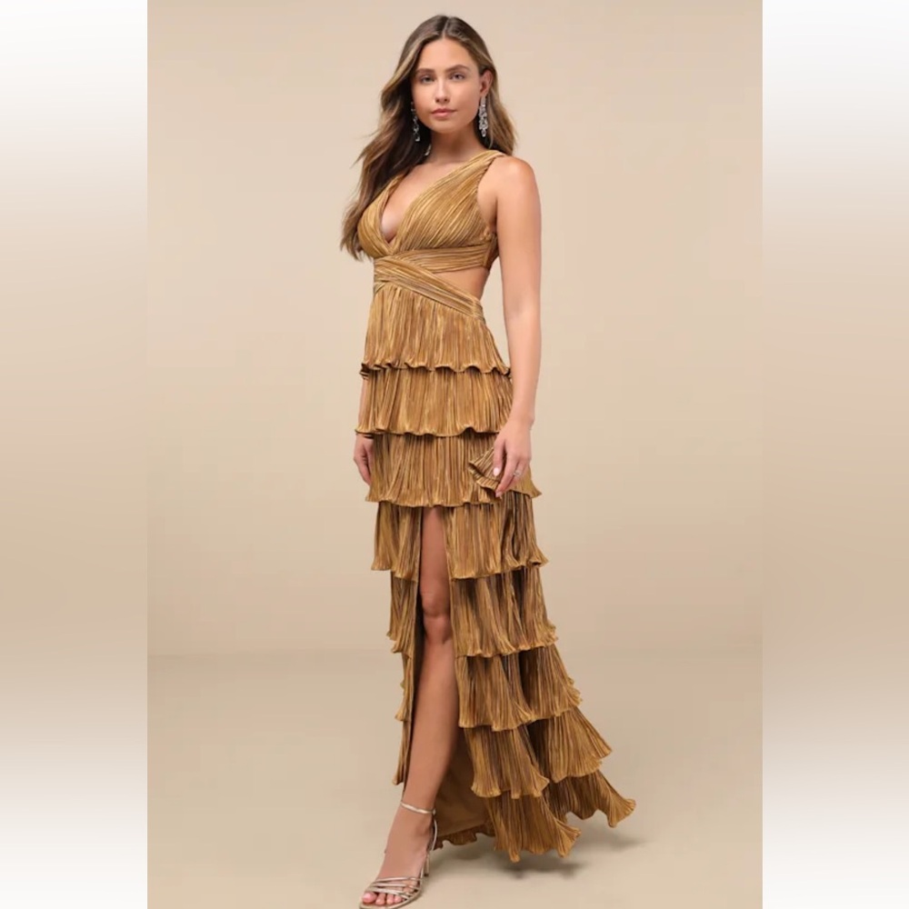 Lulu’s Gold Satin Formal Tiered Lace Up Maxi Dress - Picture 15 of 15